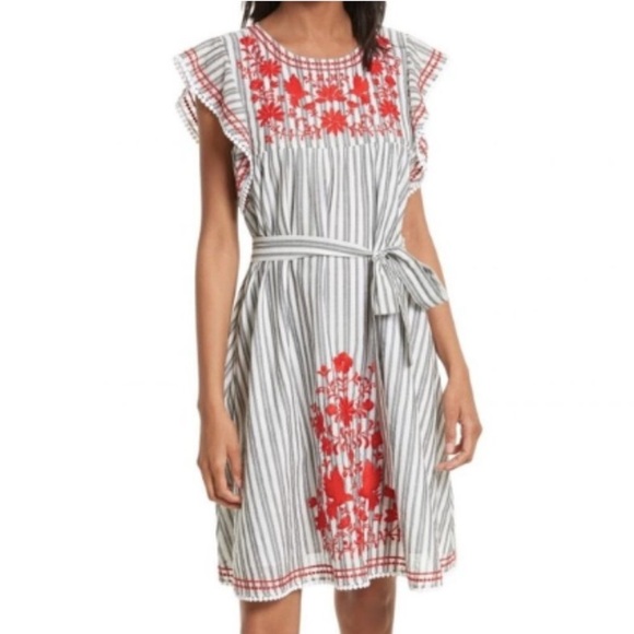 Kate Spade | Broome Street Red Floral Embroidered Stripe Tie Waist Dress, Size M - Picture 3 of 13